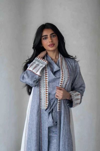 Linen abaya in light gray with embroidery IB278 Gray